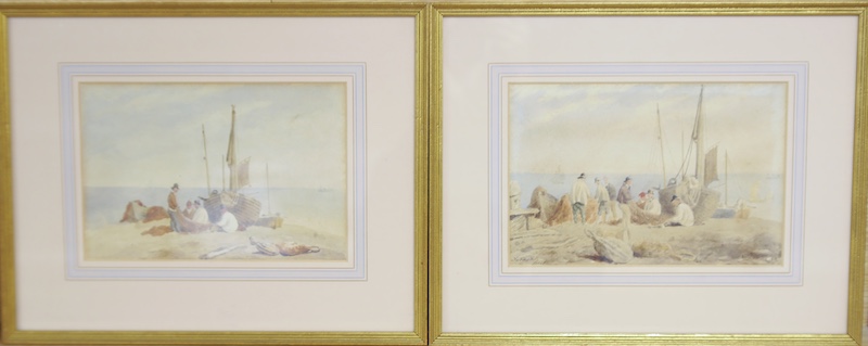 Frederick Nash (1782-1856), pair of watercolours, Brighton coastal views with beached fishing boats, one is signed, each 16 x 24cm. Condition - poor to fair, staining throughout